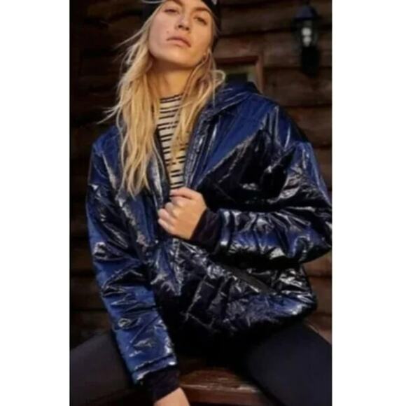 Free People Movement Polar Ice Hooded Puffer 1/2 Zip Jacket Metallic Blue, SZ S - Picture 2 of 12